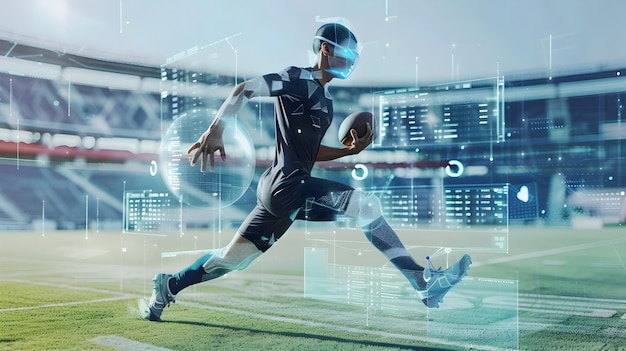 Futuristic Football Player Running on Virtual Field