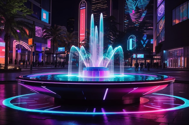 A futuristic fountain with neon lights and holographic projections creating a stunning display of colors