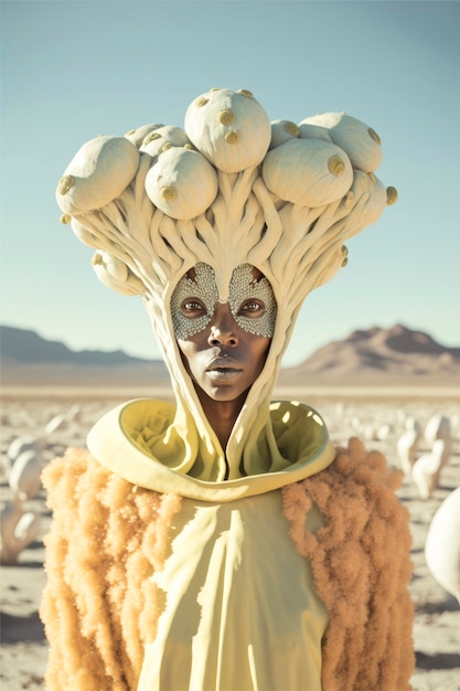 Futuristic Fungi Priestess A Portrait of a Black Humanoid Woman in a Mushroom Desert