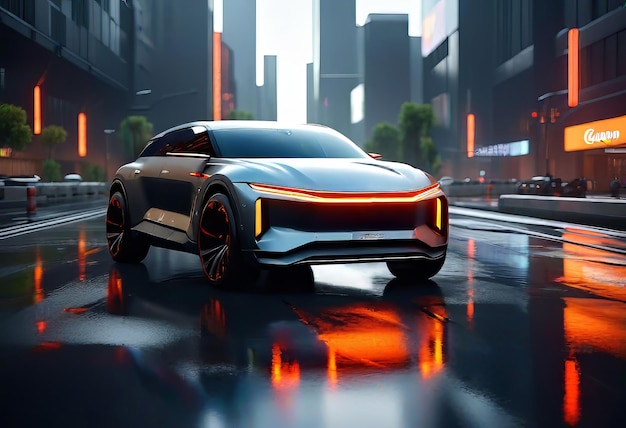 Футуристическая концепция будущего автомобиля реалистичная научная фантастика темная металлическая машина на дороге в городе