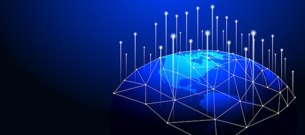 未来の未来的な地球と地図ハーフアースと信号塔のあるネットワークラインダークブルー