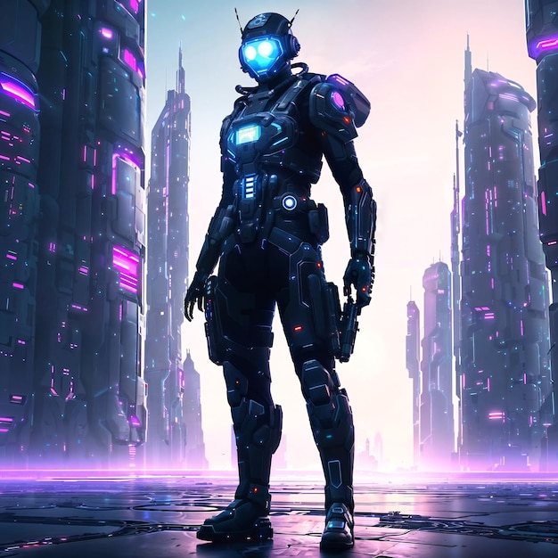 現代世界の生成 AI での鎧スーツを着た未来の兵士の軍隊の未来的な