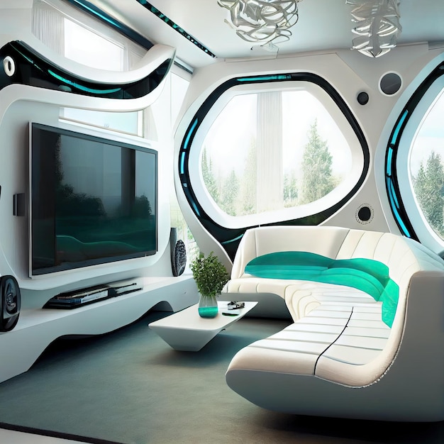 Futuristic futuristic interior of living room with white sofa and large tv created with generative a