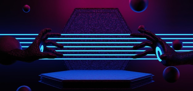 Photo futuristic gaming esports background abstract wallpaper cyberpunk style scifi game stage concert scene in pedestal display room led neon glow light 3d illustration rendering