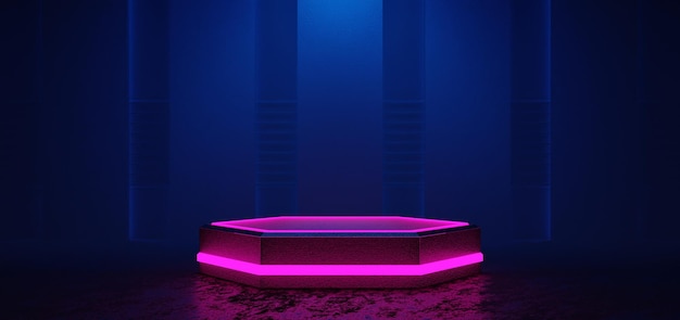 Futuristic gaming esports background abstract wallpaper cyberpunk style scifi game stage concert scene in pedestal display room led neon glow light 3d illustration rendering