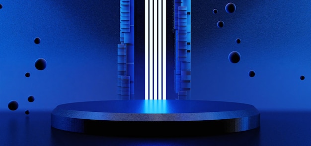 Futuristic gaming esports background abstract wallpaper cyberpunk style scifi game stage concert scene in pedestal display room led neon glow light 3d illustration rendering