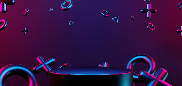 futuristic gaming esports background abstract wallpaper cyberpunk style scifi game stage concert scene in pedestal display room led neon glow light 3d illustration rendering