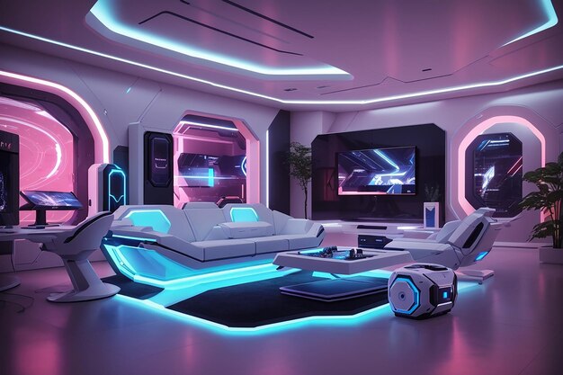 The futuristic gaming room interior is depi