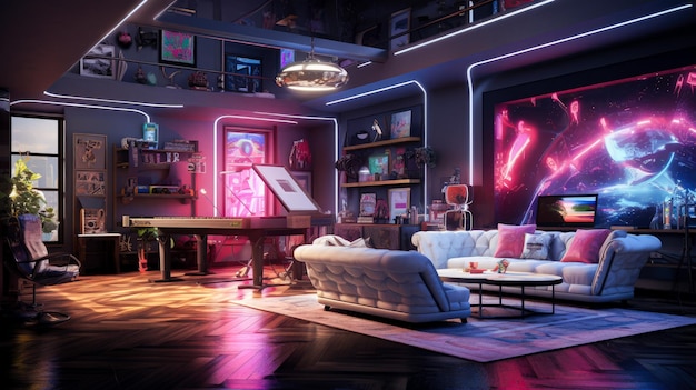 Photo futuristic gaming room with a lot of gadgets