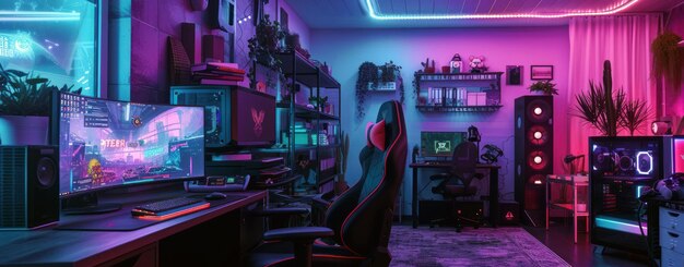 カラーゲームシーンを表示するコンピュータと大きなモニターを備えたゲームチェアとテーブルを明るいネオン照明で照らす部屋の未来的なゲームシステム