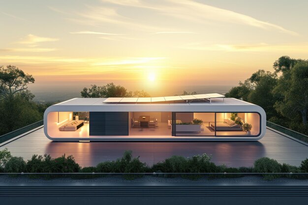 futuristic generic smart home with solar panels rooftop system for renewable energy concepts as wide banner with copyspace area