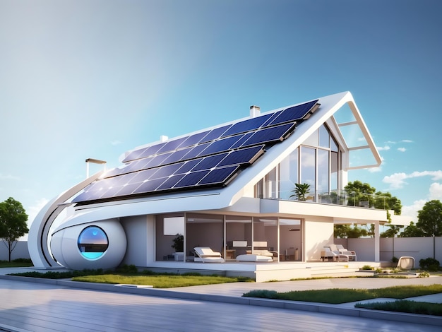 futuristic generic smart home with solar panels rooftop system for renewable energy concepts as wide