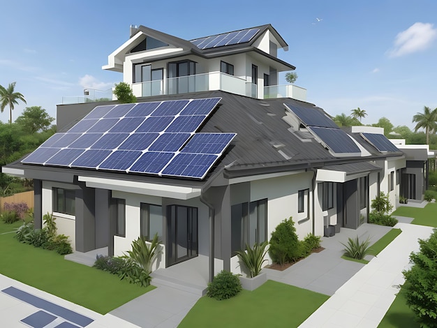 Futuristic generic smart home with solar panels system on rooftop generative AI