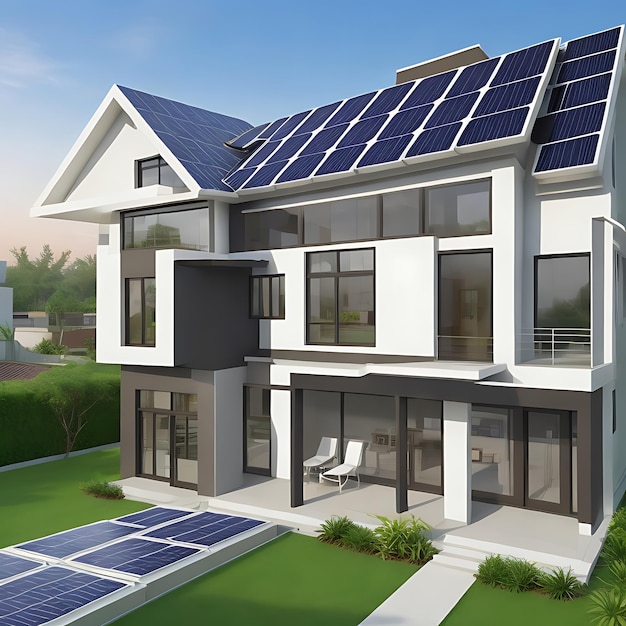 Futuristic generic smart home with solar panels system on rooftop generative AI