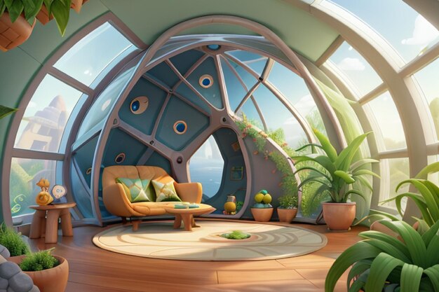 Futuristic geodesic ecological interior in mirrored room ai generated