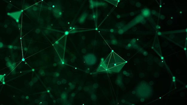 Futuristic geometric flow with connecting points and lines Abstract green digital background Global network concept Big data complex with compounds 3D rendering