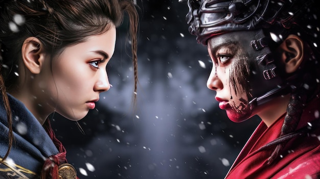 Photo futuristic girl character samurai vs ninja style ai generated image