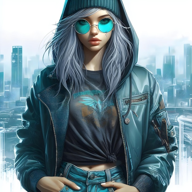 Futuristic girl in a jacket and cap Vector illustration