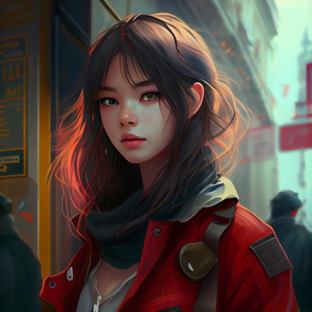 Futuristic girl in red coat in the city 3d rendering