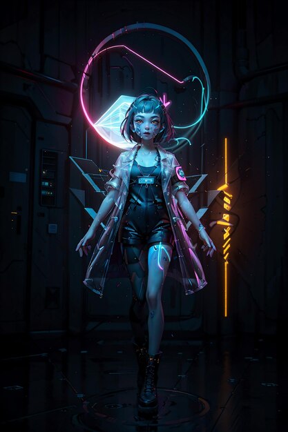 Photo futuristic girl with neon lights on a dark background 3d rendering