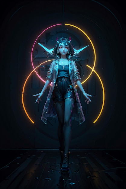 Фото Футуристическая девушка с неоновыми огнями на темном фоне 3d-рендеринг