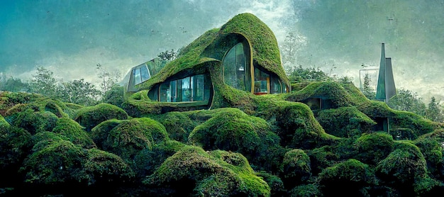 Futuristic glass house covered with moss grass and flowers\
architectural and nature concept