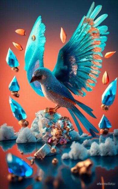 Foto rendering 3d di uccelli colorati e luminosi futuristici