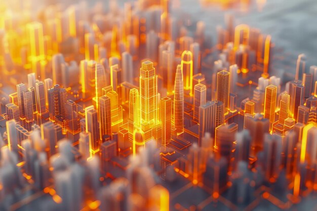 Futuristic Glowing Digital Cityscape with High Rise Buildings in Orange and Blue Hues Illustration