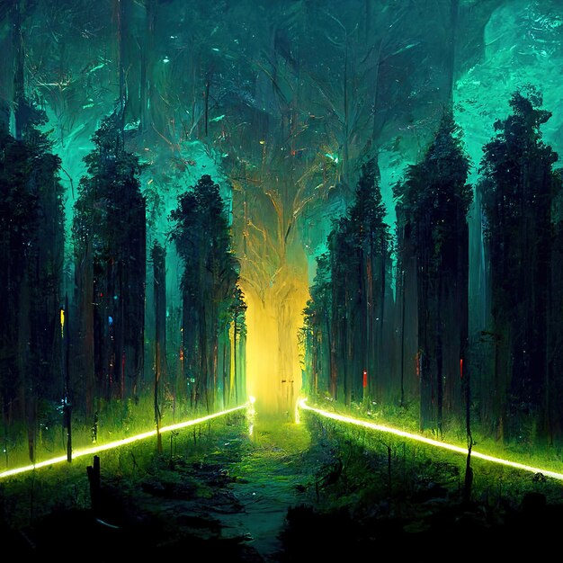 a futuristic glowing forest