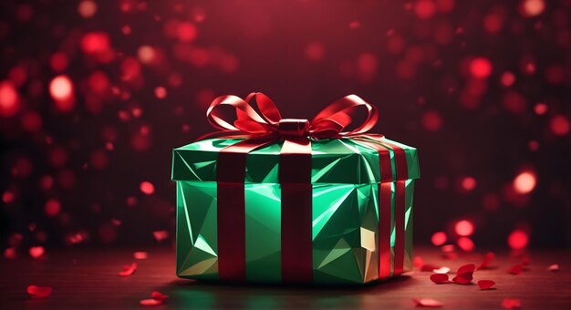 Futuristic glowing low poly gift box with ribbon bow isolated on dark Red and green