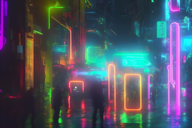 Futuristic glowing neon cyberpunk city street padestrian illustration background created with generative AI technology