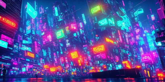 Futuristic glowing neon cyberpunk city street perspective view background illustration created with generative AI technology