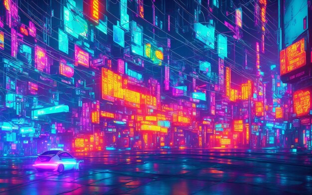 Futuristic glowing neon cyberpunk city street perspective view background illustration created with generative AI technology