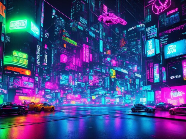 Futuristic glowing neon cyberpunk city street perspective view background illustration created with generative AI technology