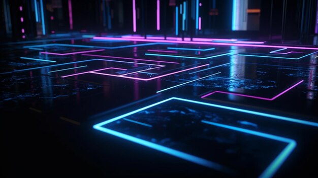 Photo futuristic glowing neon square maze 3d rendering computer digital drawing generative ai