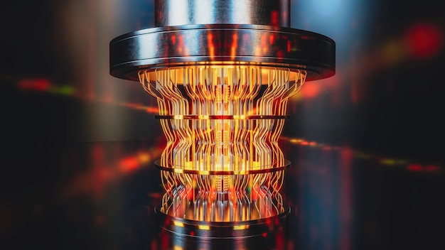 A futuristic glowing quantum computer unit 3d render