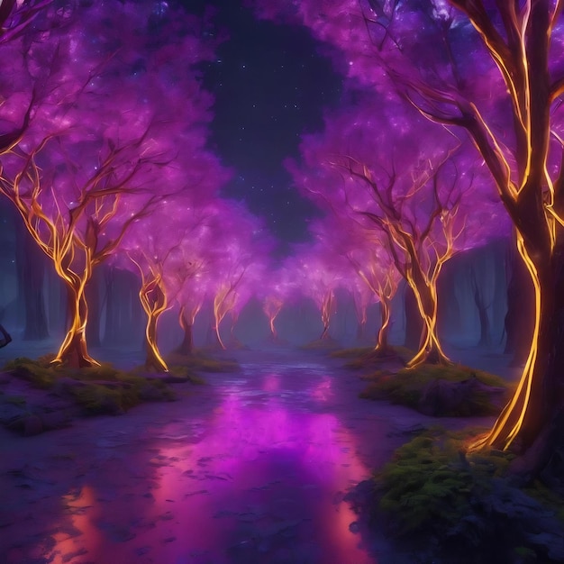 Futuristic glowing trees with purple frame background