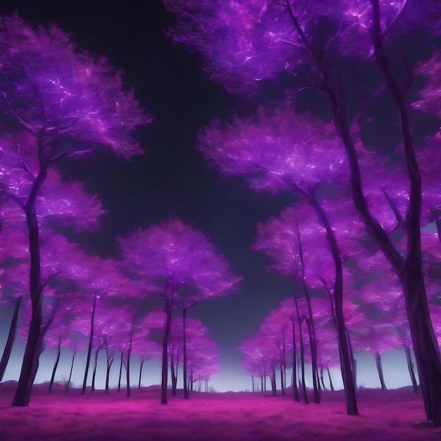 Futuristic glowing trees with purple frame background