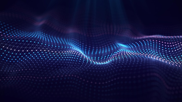 Photo futuristic glowing wave the concept of big data network connection cybernetics abstract dark background of blue and purple lines with dots 3d rendering