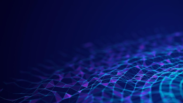 미래의 빛나는 물결 빅 데이터 네트워크 연결 사이버네틱스 점 3d 렌더링으로 연결된 보라색 선과 삼각형의 추상 어두운 배경