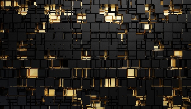 Futuristic Gold and Black squares extruded abstract background  3d rendering