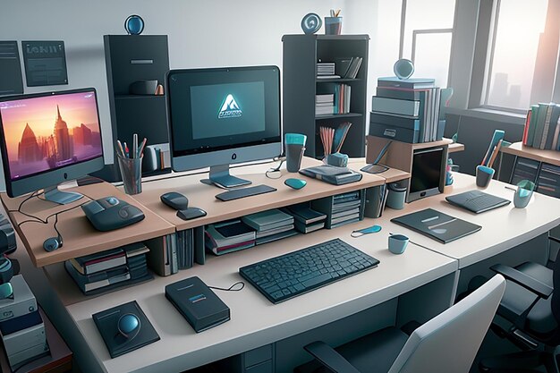 Futuristic gorgeous PC setup table of a freelancers office room full fill with advanced gadget