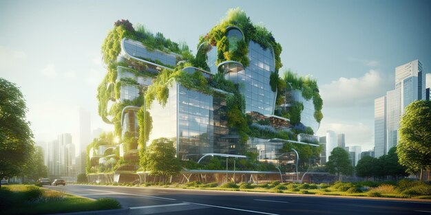 Futuristic green architecture in modern city Sustainable glass office building with vertical garden Office building with green environment Ecofriendly corporate building