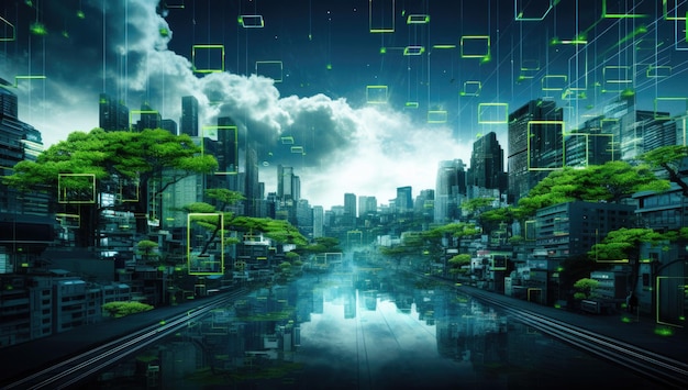 Futuristic green city future cybernetic concept