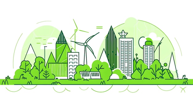 futuristic green energy powered city skyline with solar panels and wind turbines