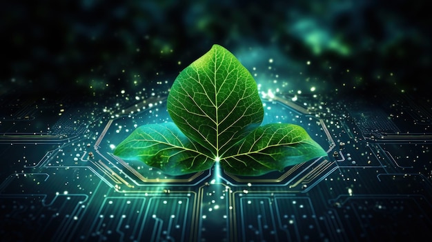 Photo futuristic green leaf with circuit big data technology ai generated image