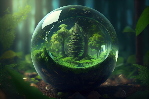 Futuristic green planet Earth sphere with crystal texture featuring a green forest city