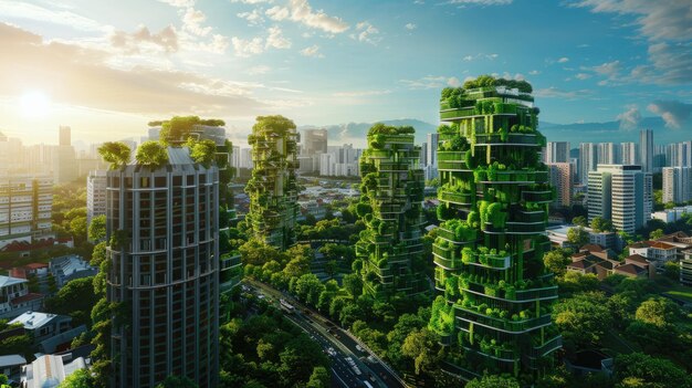 Photo futuristic green skyscrapers a vision of natureintegrated urban architecture