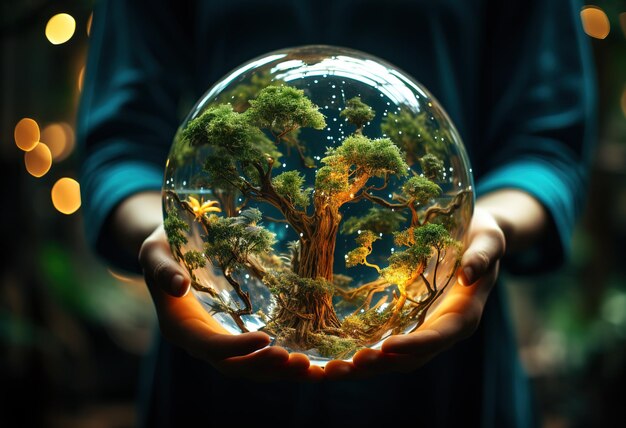 Futuristic Green Technology Concept Crystal Ball with Circuit Board Amidst Nature