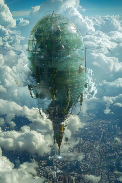 Photo futuristic greenhouse airship floating above cityscape with lush clouds dreamy eco friendly concept